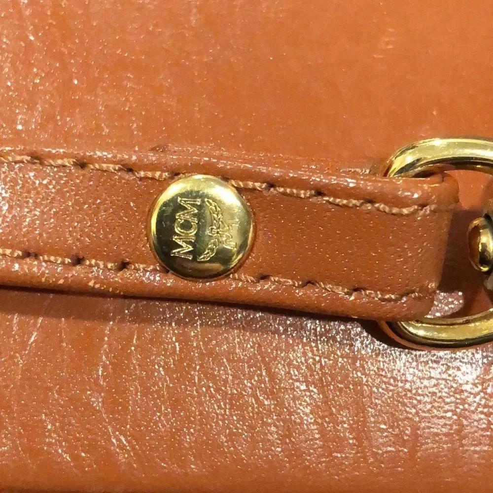 MCM Visetos Cognac Monogram Camera Messenger Bag Leather Lined Mirror EUC RARE